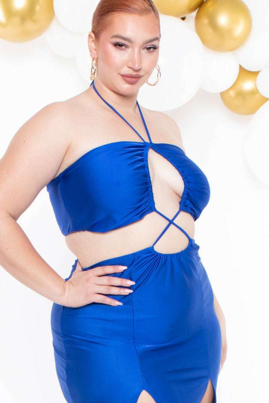 Dresses * | Curvy Sense Plus Size Layana Double Slit Dress Blue