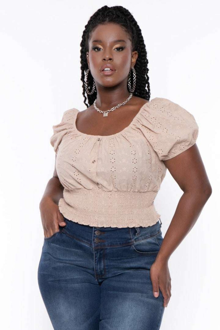 Tops * | Ambiance Tops Plus Size Lillian Eyelet Top Taupe