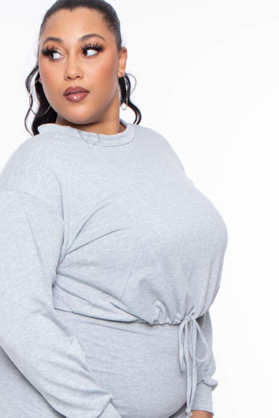 Sets * | Curvy Sense Plus Size Essential Cropped Pullover Sweatshirt Heather Grey