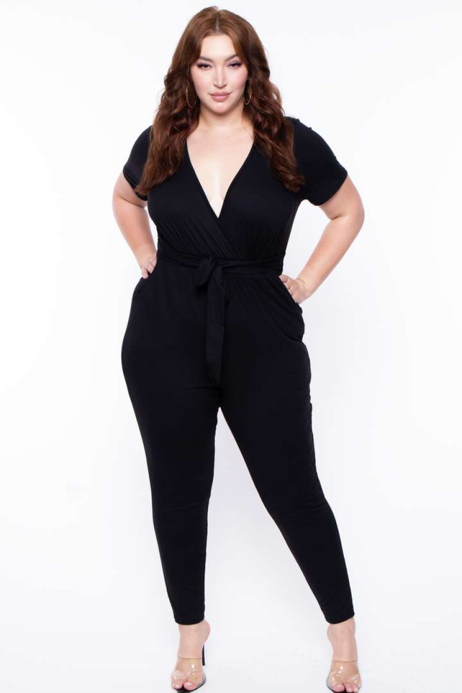 Jumpsuits * | Curvy Sense Plus Size Alondra Cross Front Jumpsuit Party Jumpsuilts Black