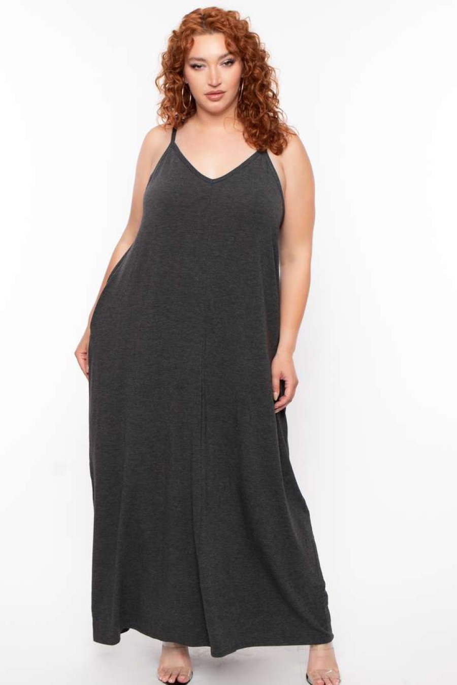 Dresses * | Zenana Dresses Plus Size Cami Strap Maxi Dress Charcoal