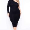 Dresses * | Curvy Sense Plus Size Ebony One Shoulder Dress Black