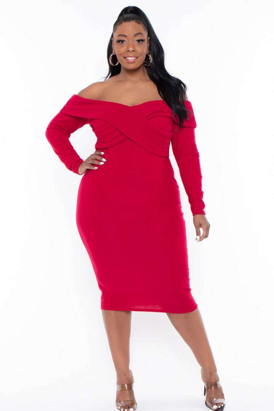 Dresses * | Curvy Sense Plus Size Lydia Off The Shoulder Dress Dresses Red