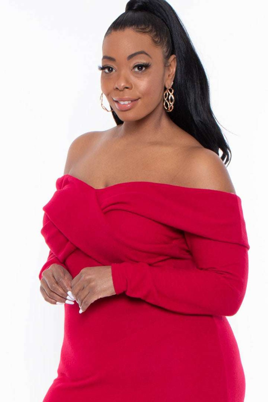 Dresses * | Curvy Sense Plus Size Lydia Off The Shoulder Dress Dresses Red