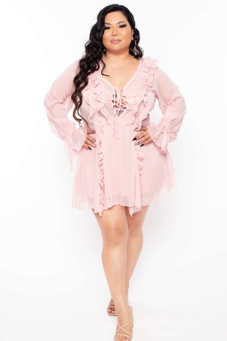 Dresses * | By Design Dresses Plus Size Lace-Up Ruffle Dress Blush