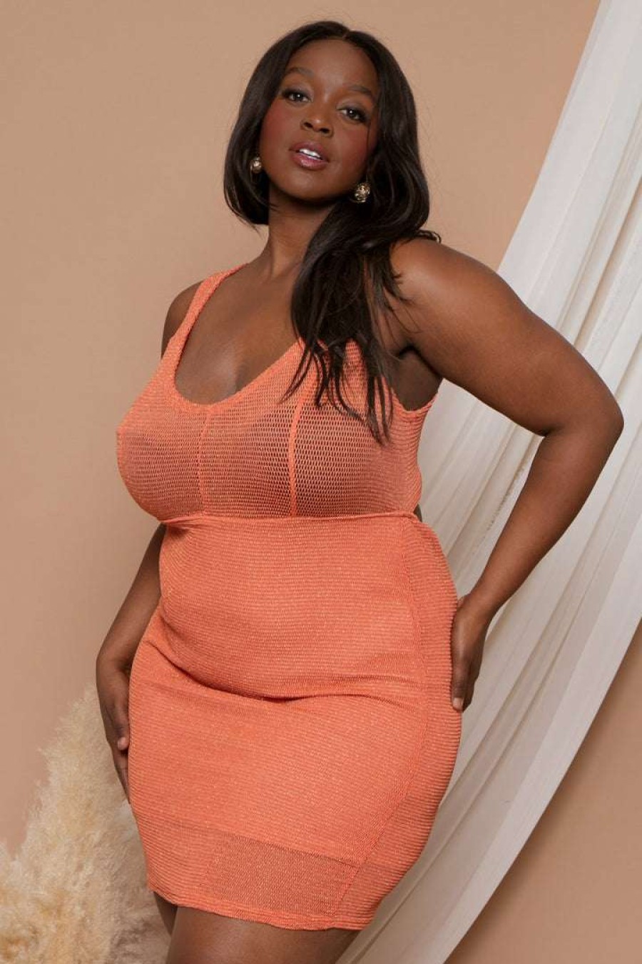 Dresses * | Davids Place Plus Size Metallic Fishnet Dress Coral