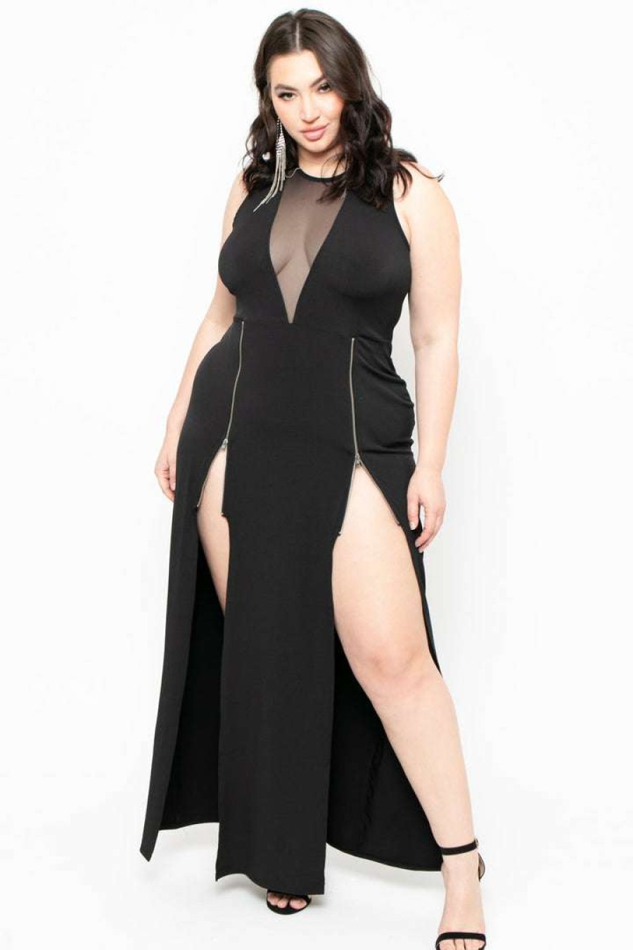 Dresses * | Curvy Sense Back In Stock Plus Size Zipper Slit Dress Black