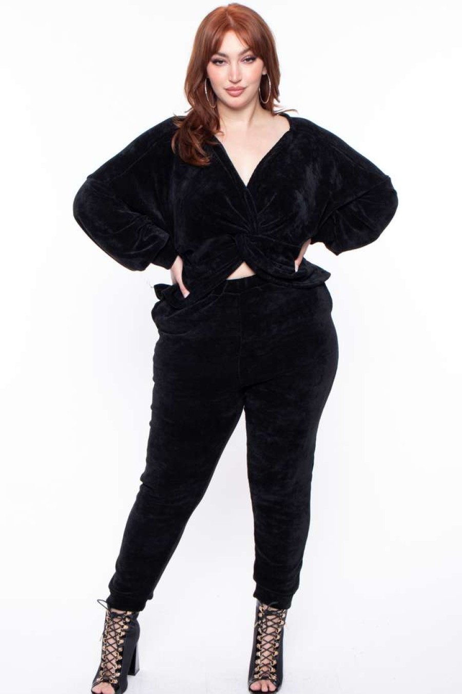 Sets * | Katy Usa Plus Size Chenille Sweater And Jogger Set Black