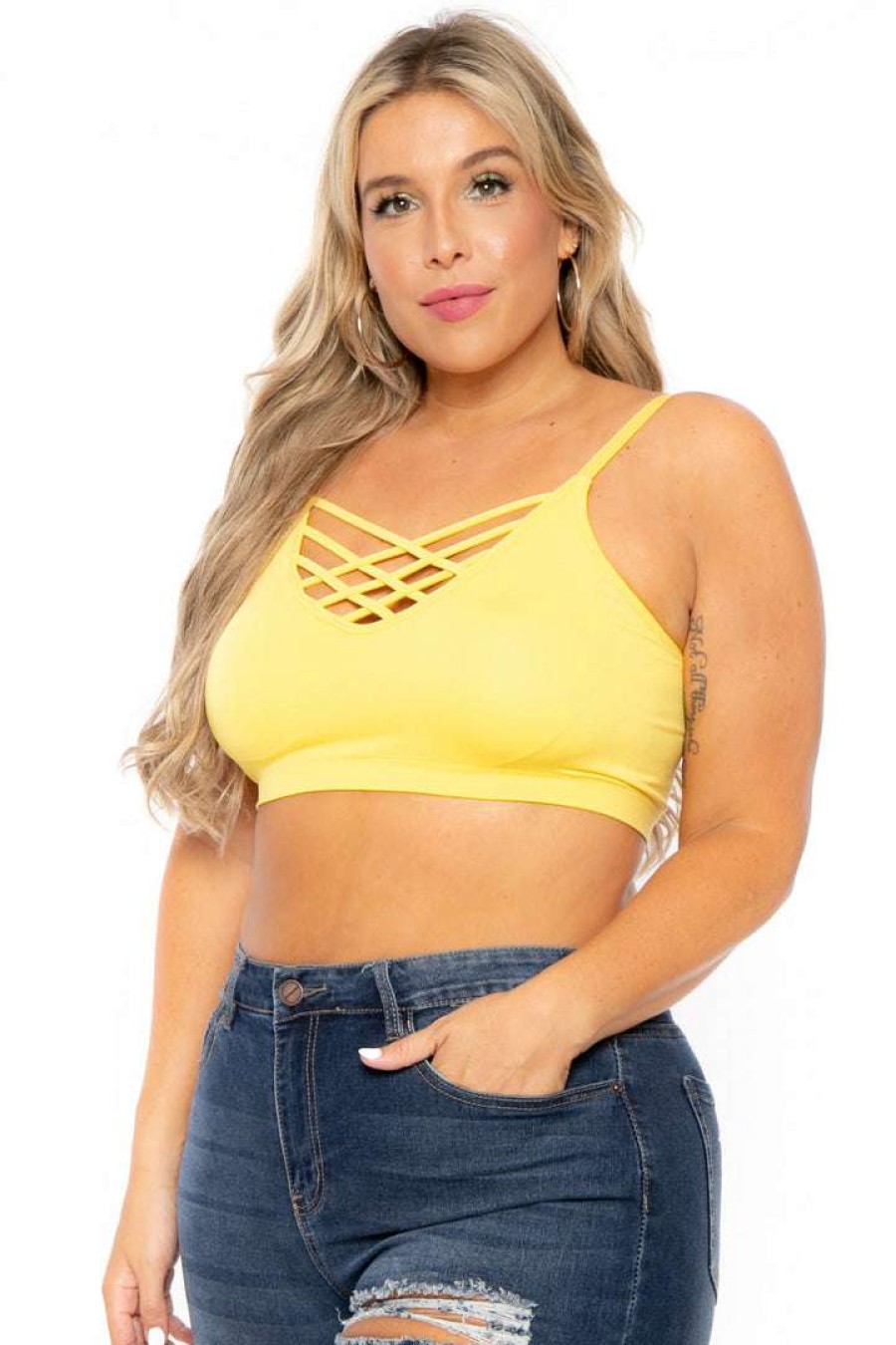 Tops * | Zenana Plus Size Caged Bralette Yellow