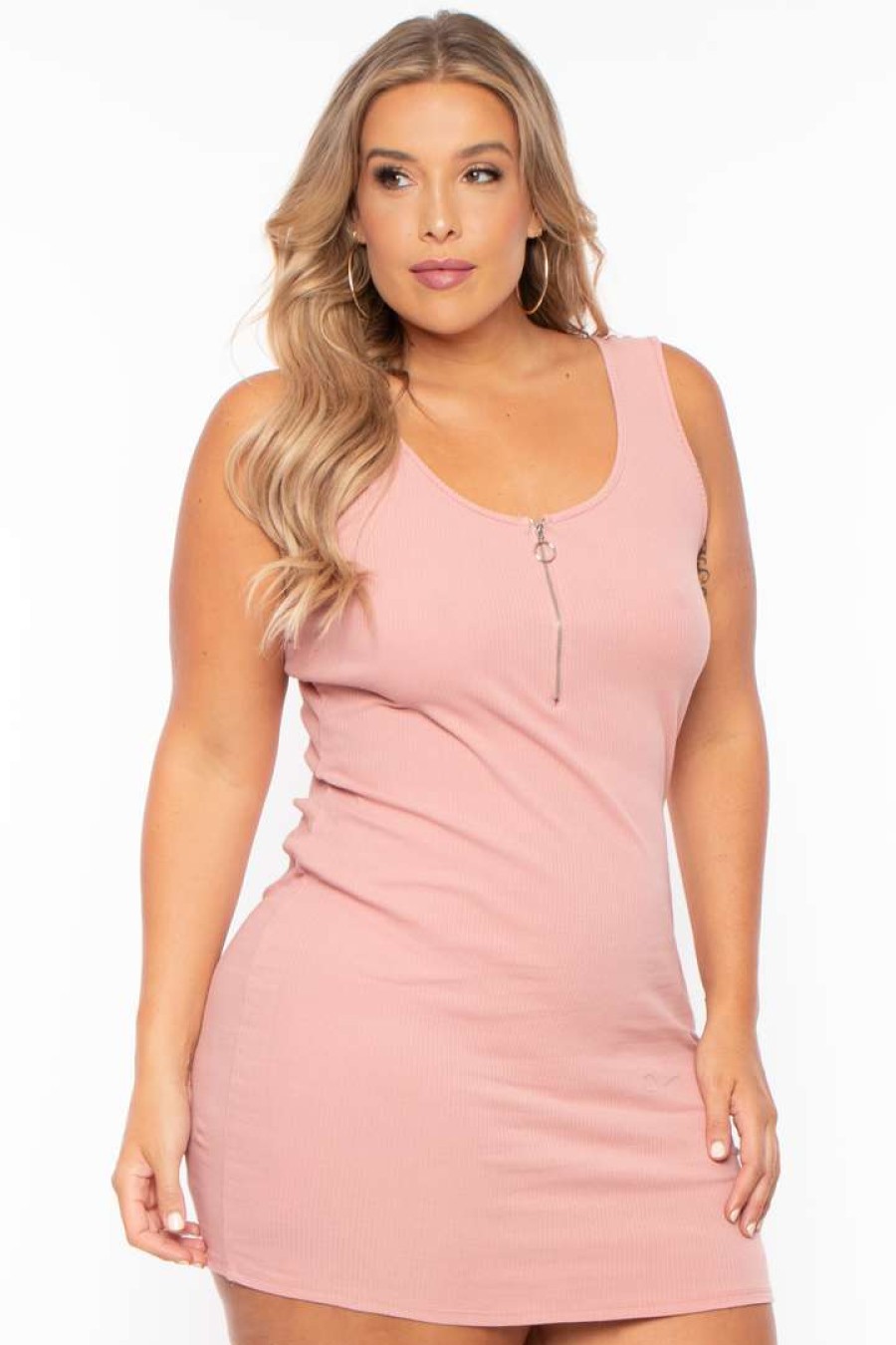 Dresses * | Ambiance Plus Size Zip-Up Rib Tank Bodycon Dress Mauve