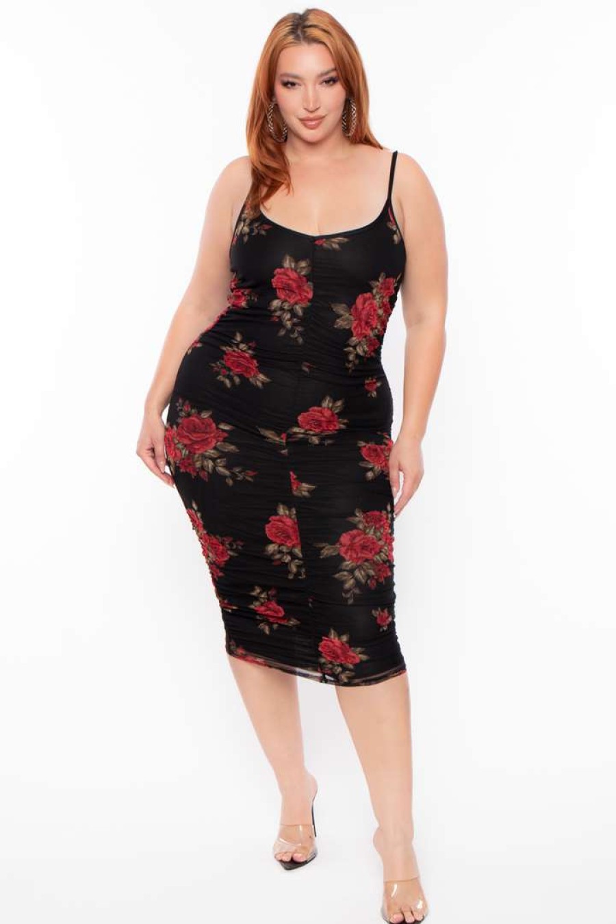 Dresses * | Curvy Sense Party Shop Plus Size Rose Garden Mesh Ruched Dress Black