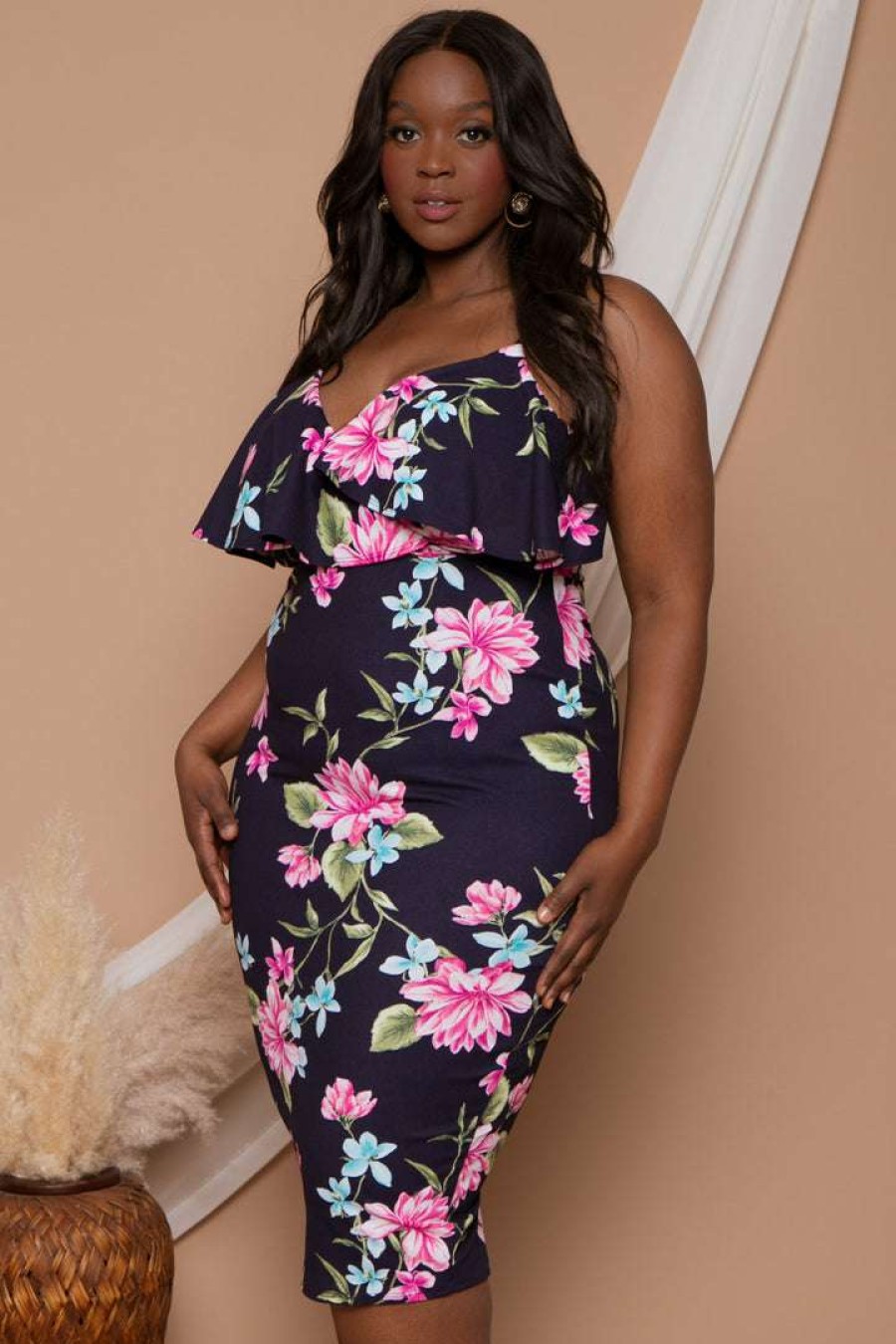 Dresses * | Curvy Sense Plus Size Eden Floral Dress New Arrivals Navy