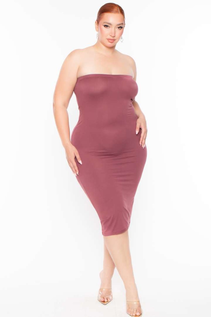 Dresses * | Capella Plus Size Elsie Basic Tube Midi Dress Dark Mauve