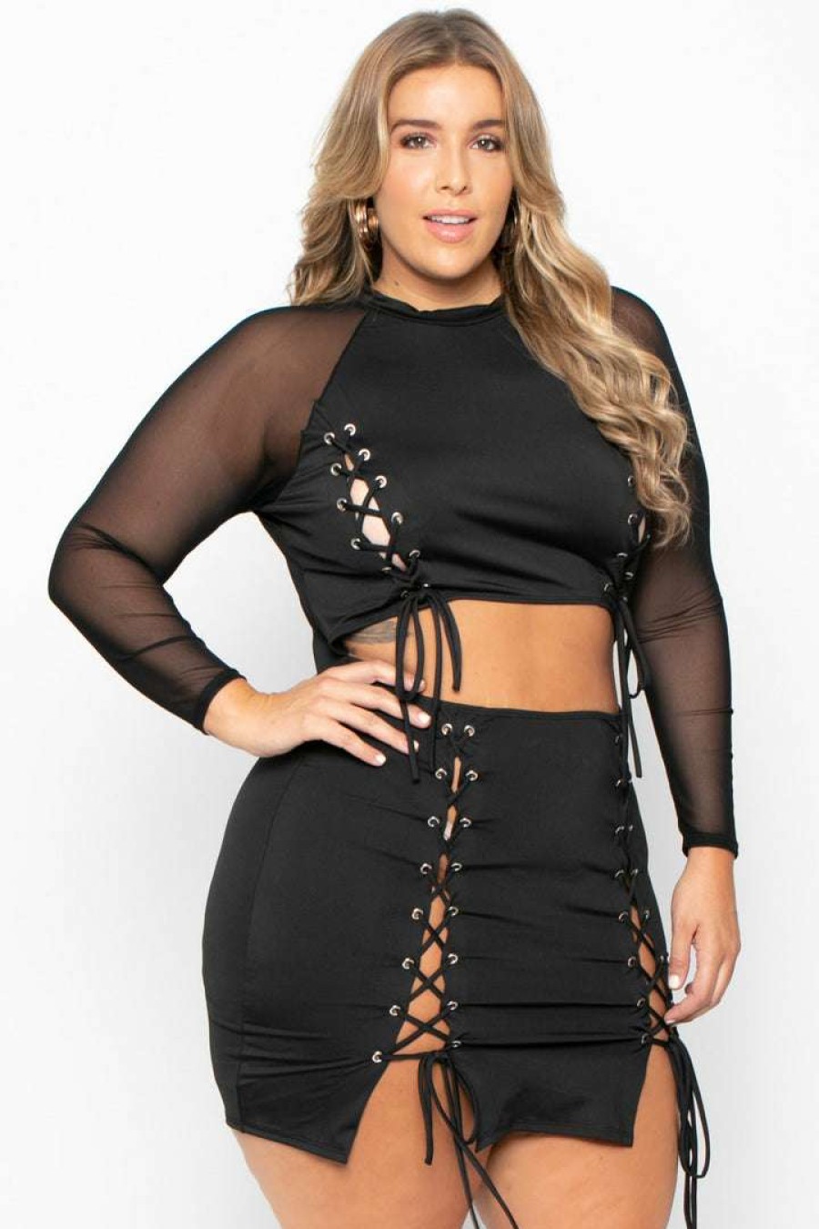 Dresses * | K + Glam Party Shop Plus Size Cut-Out Lace Up Dress Black