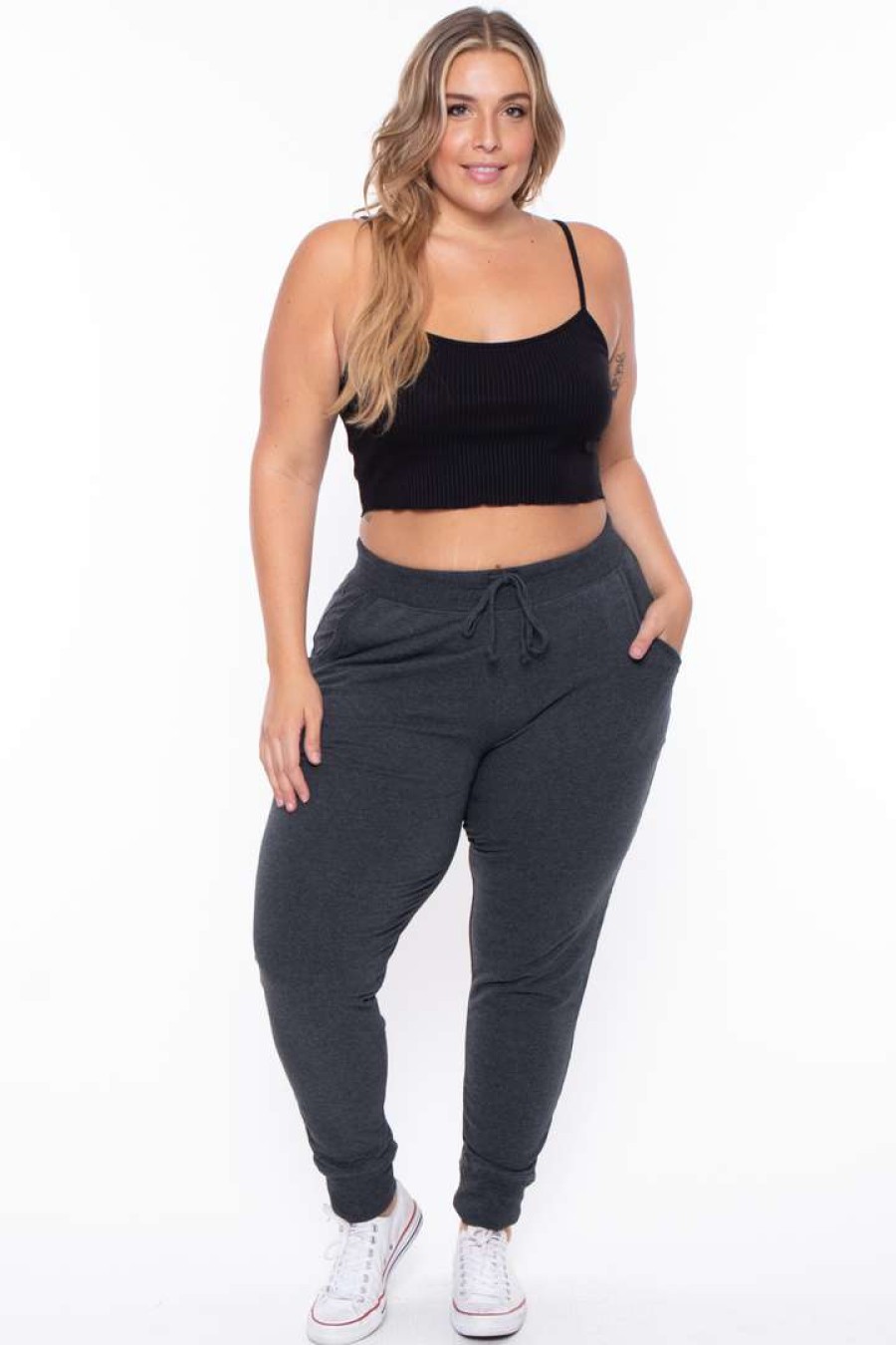 Bottoms * | Ambiance Plus Size Sweat Jogger Bottoms Charcoal