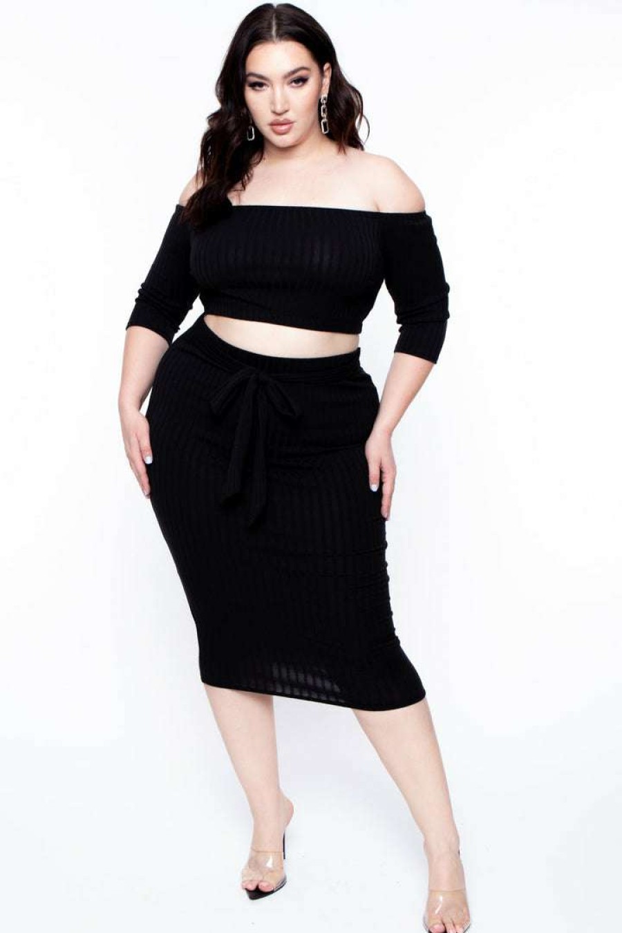 Sets * | Curvy Sense Plus Size Off The Shoulder Matching Set Back In Stock Black