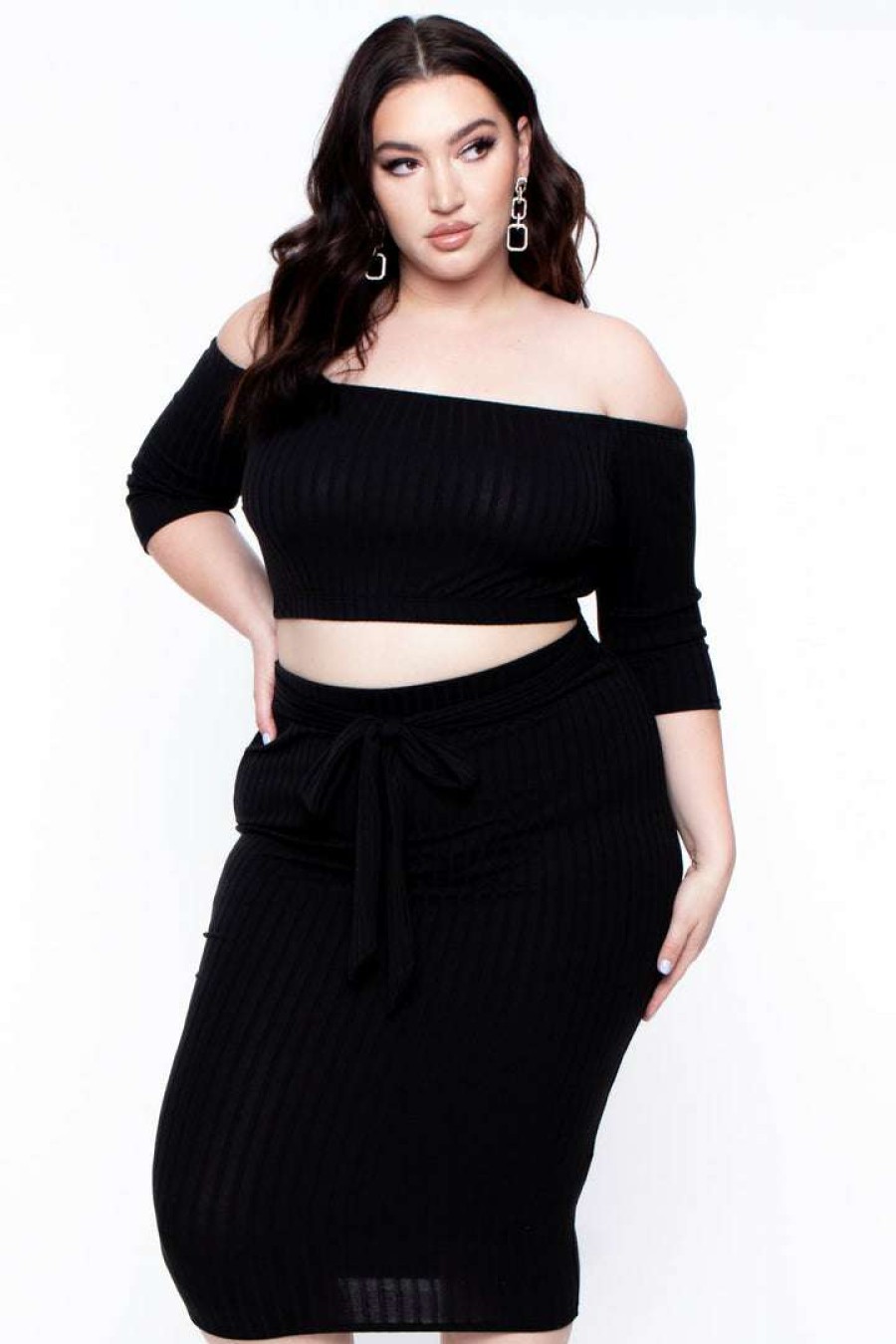 Sets * | Curvy Sense Plus Size Off The Shoulder Matching Set Back In Stock Black