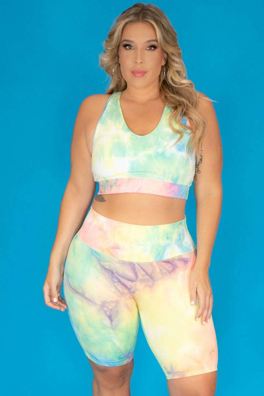 Sets * | Zenana New Arrivals Plus Size Gabi Tie Dye Biker Shorts Set Neon Green