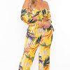 Sets * | Gibiu Plus Size Palm Print Crop & Flare Pant Set Yellow