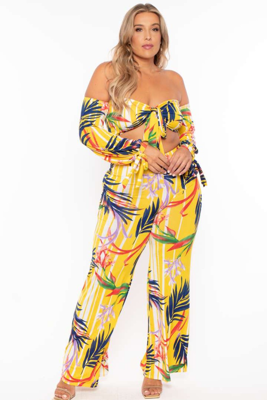 Sets * | Gibiu Plus Size Palm Print Crop & Flare Pant Set Yellow