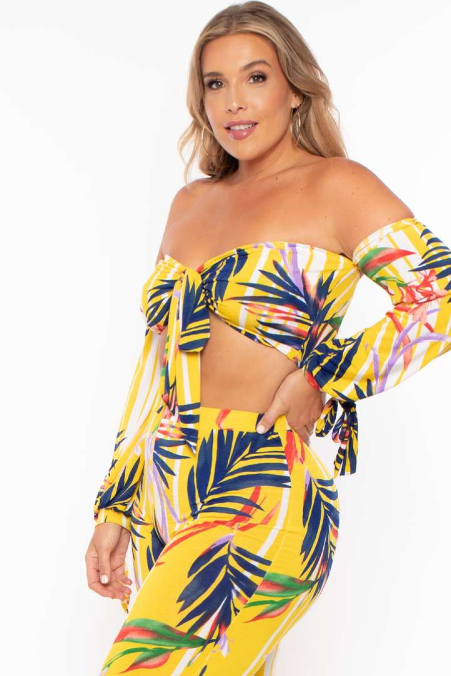 Sets * | Gibiu Plus Size Palm Print Crop & Flare Pant Set Yellow