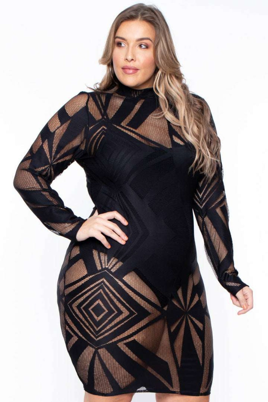 Dresses * | K + Glam Plus Size Mesh Burn Out Dress Black