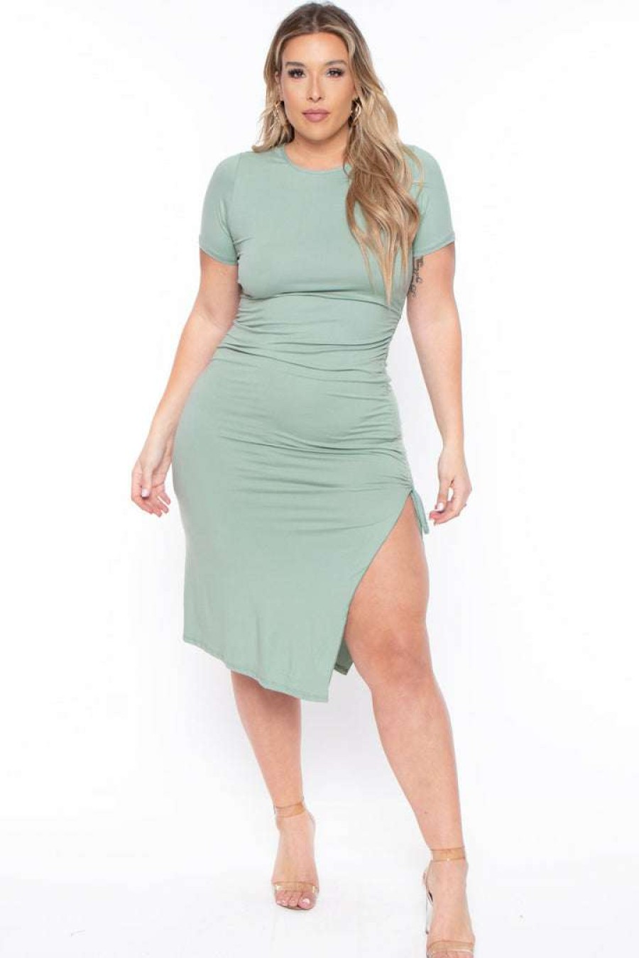 Dresses * | Capella Plus Size Josie Ruched Bodycon Dress Sage