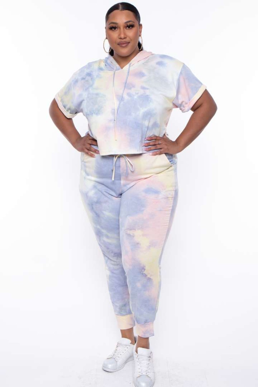 Sets * | Curvy Sense Plus Size Stelle Tie Dye Crop Hoodie & Joggers Set Matching Sets Yellow