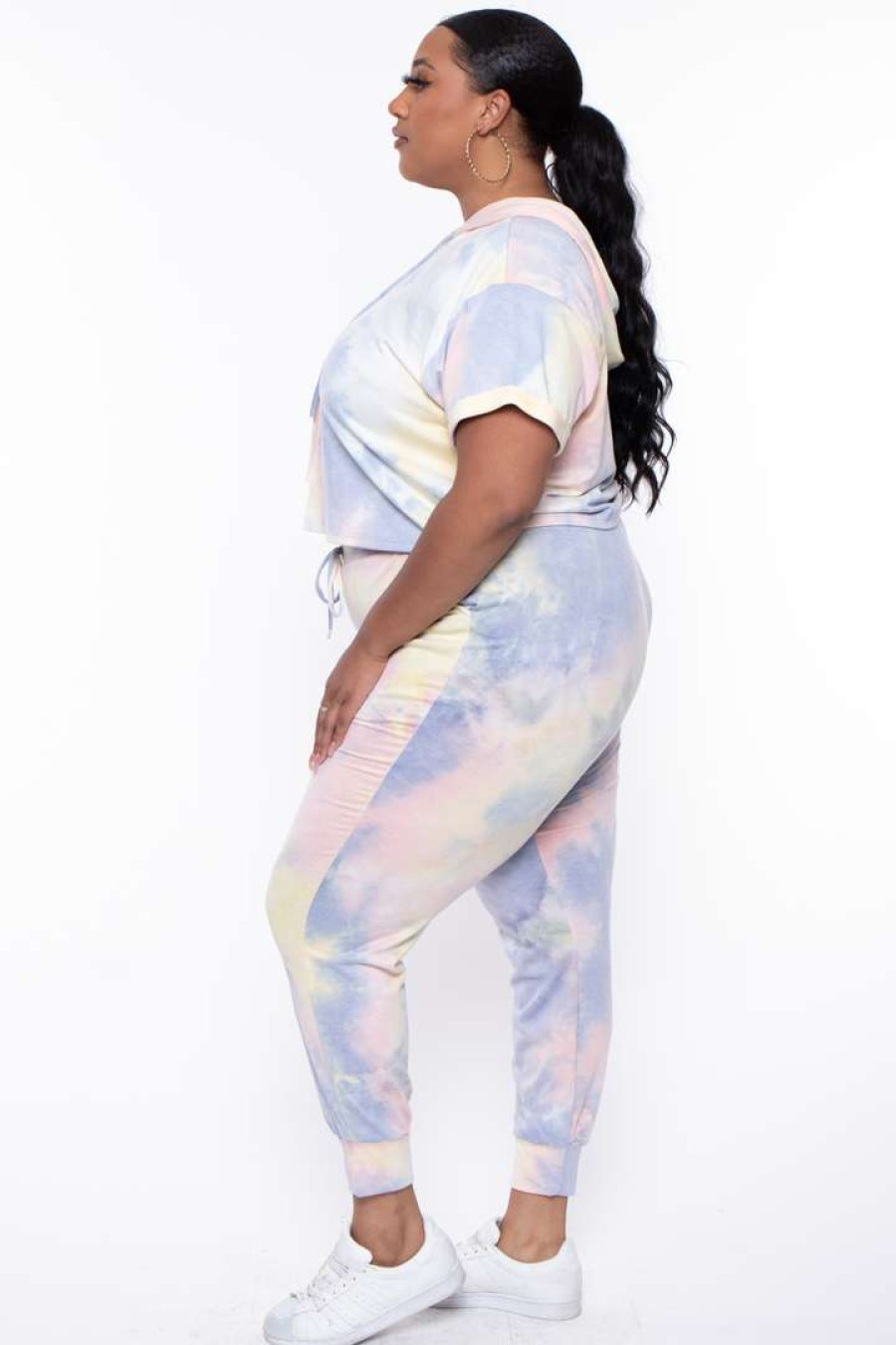 Sets * | Curvy Sense Plus Size Stelle Tie Dye Crop Hoodie & Joggers Set Matching Sets Yellow