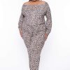 Jumpsuits * | Bluebell Plus Size Leopard One Shoulder Jumpsuit Brown