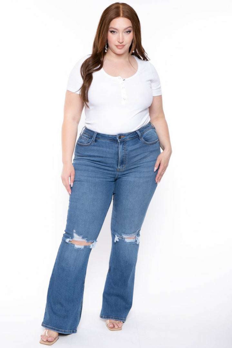 Bottoms * | Cello Jeans Plus Size Laina Flare Jeans New Arrivals Medium Wash