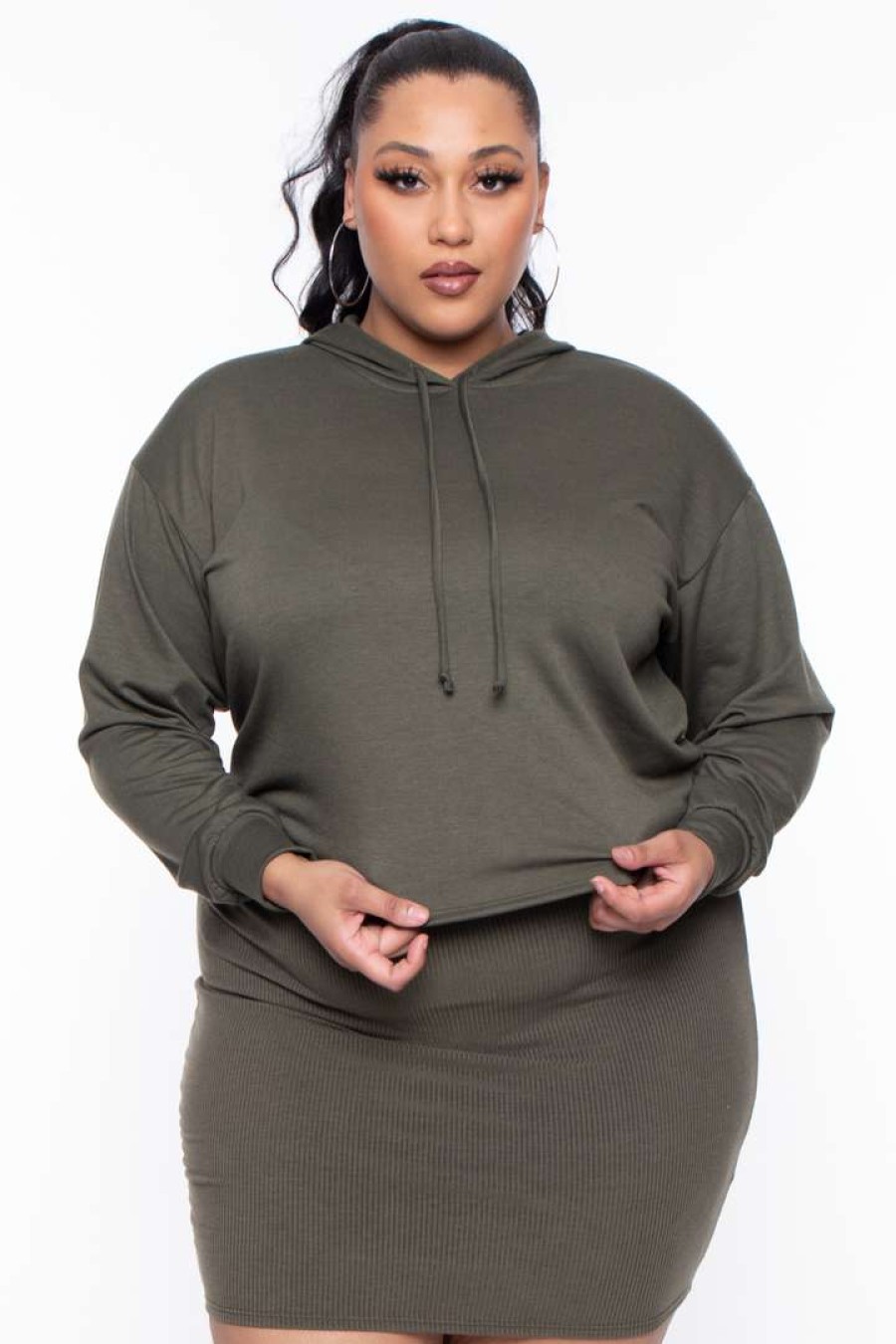 Sets * | Curvy Sense Essential Mix Plus Size Alberta Cropped Hoodie Olive