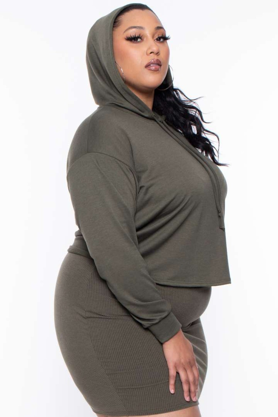 Sets * | Curvy Sense Essential Mix Plus Size Alberta Cropped Hoodie Olive