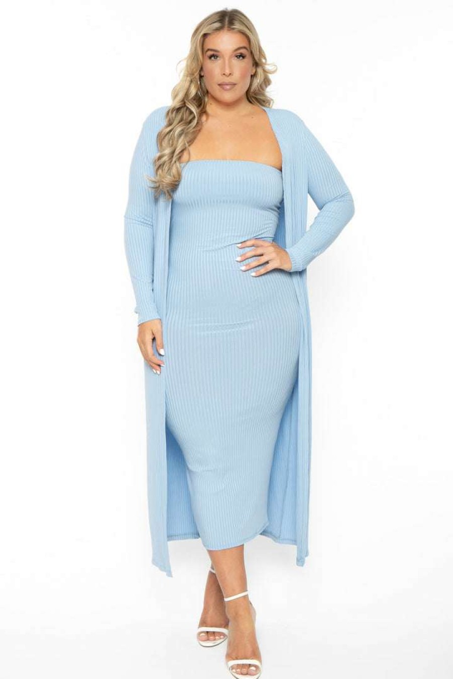 Sets * | Gibiu Plus Size Lizah Tube Dress And Cardigan Set New Arrivals Baby Blue