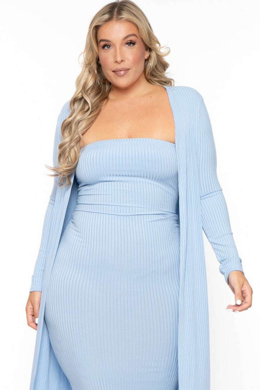 Sets * | Gibiu Plus Size Lizah Tube Dress And Cardigan Set New Arrivals Baby Blue