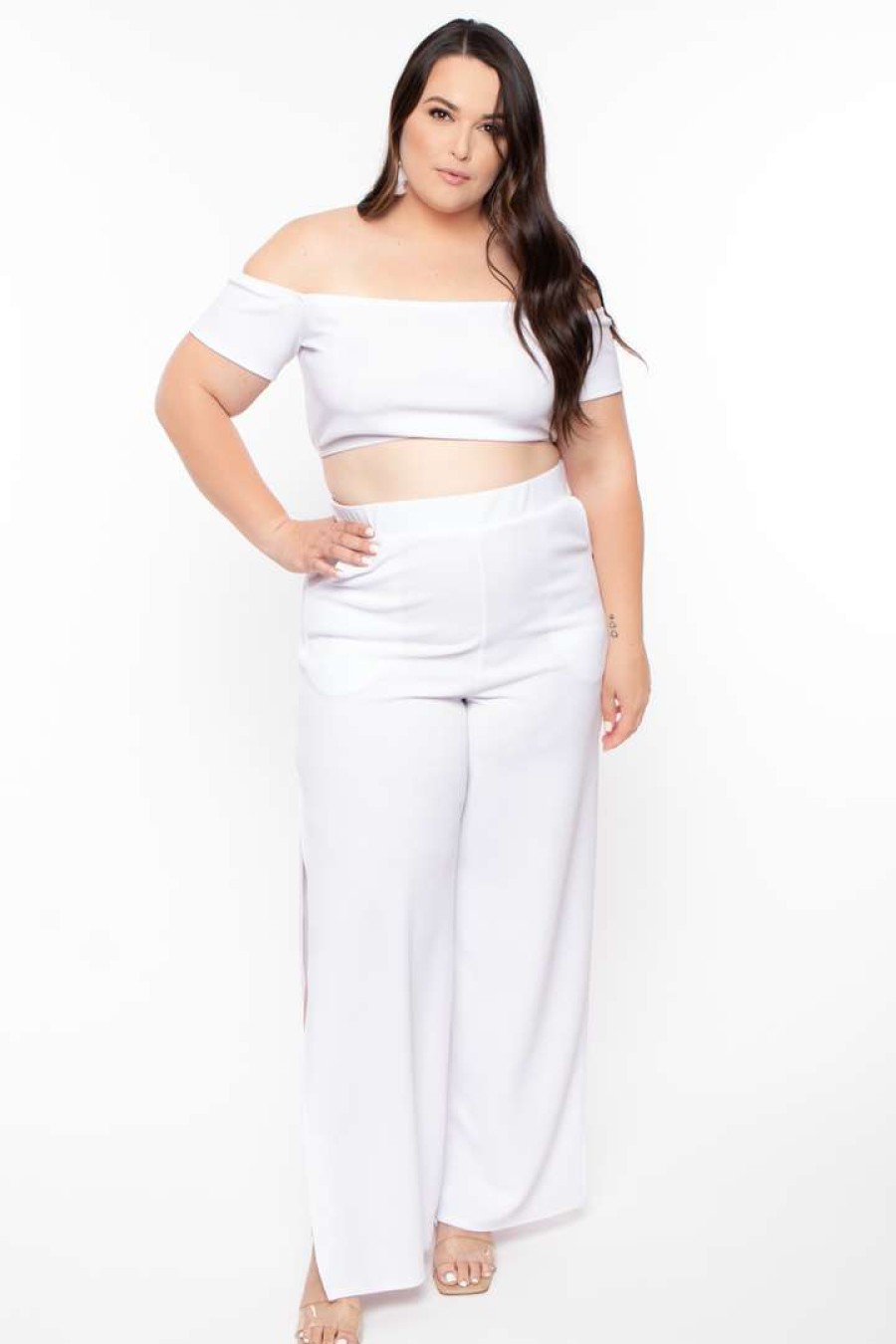 Sets * | Curvy Sense Matching Sets Plus Size Andrea Crop Top And Flare Pants Set White