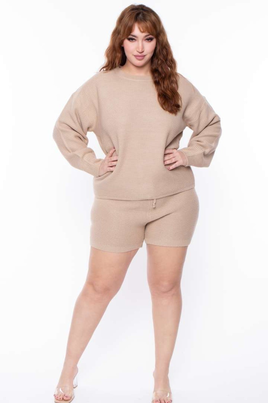 Sets * | Highlight Matching Sets Plus Size Knit Sweater And Shorts Set Taupe