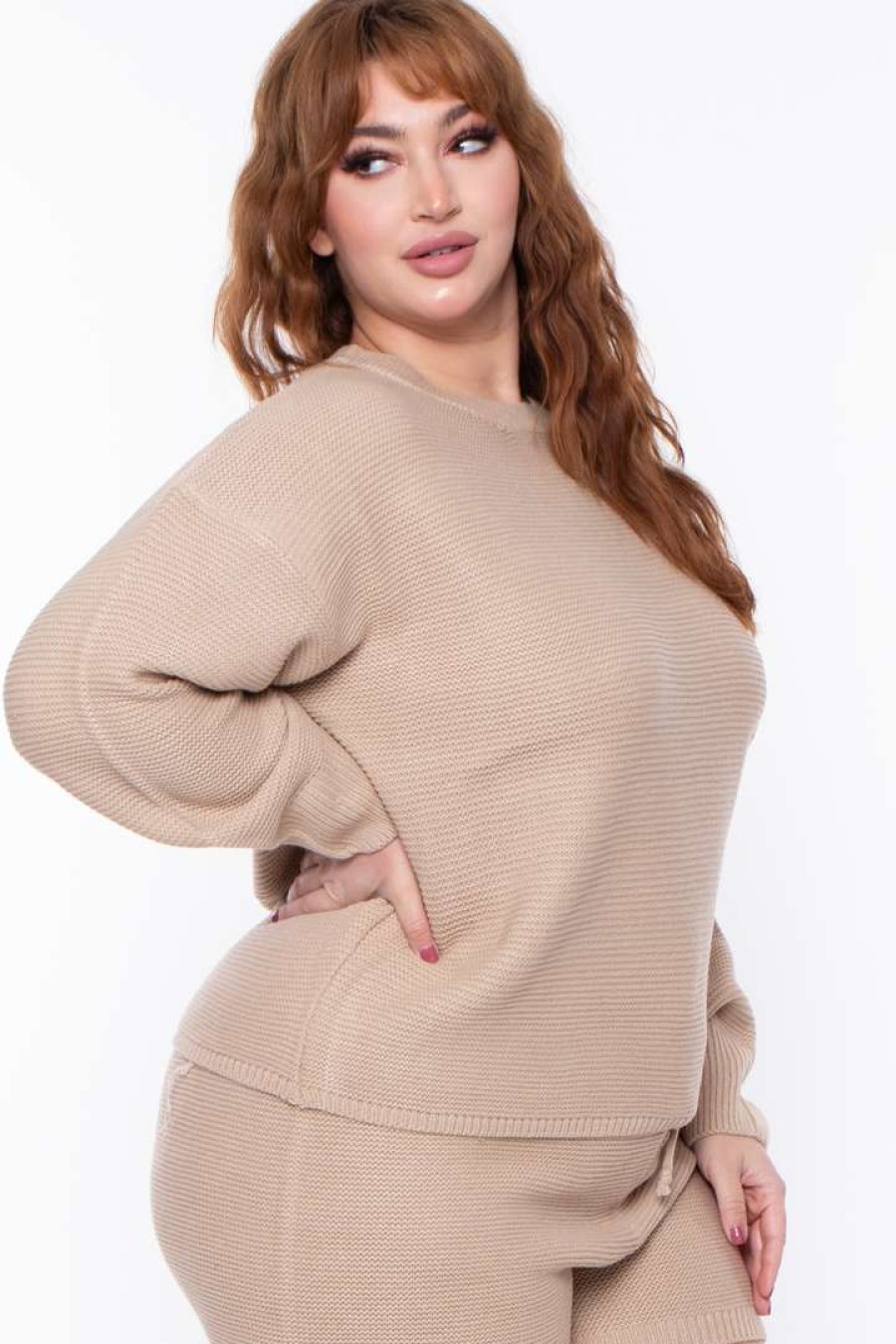 Sets * | Highlight Matching Sets Plus Size Knit Sweater And Shorts Set Taupe