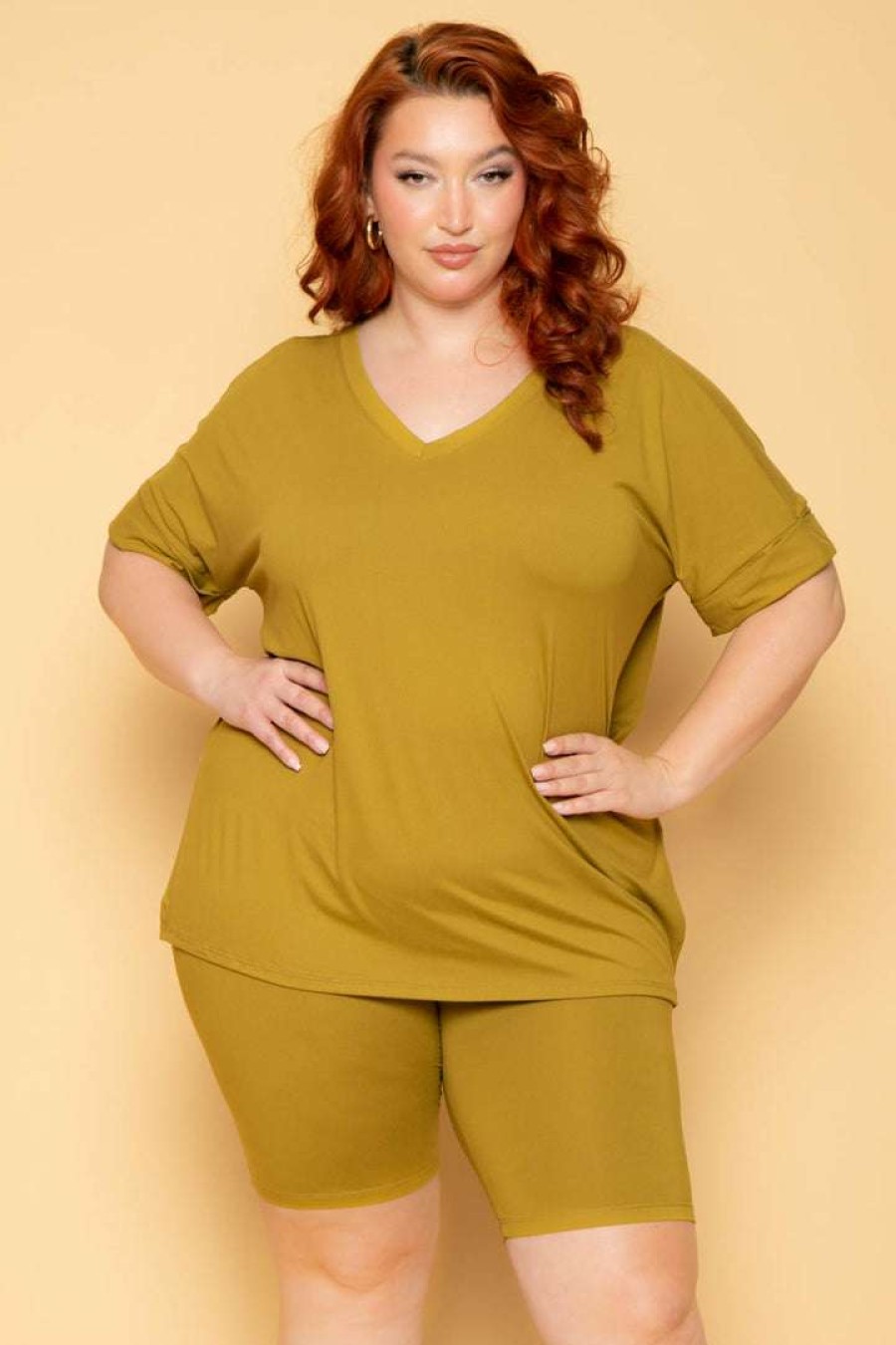 Sets * | Zenana Plus Size Lexa Tee And Biker Short Set Chartreuse