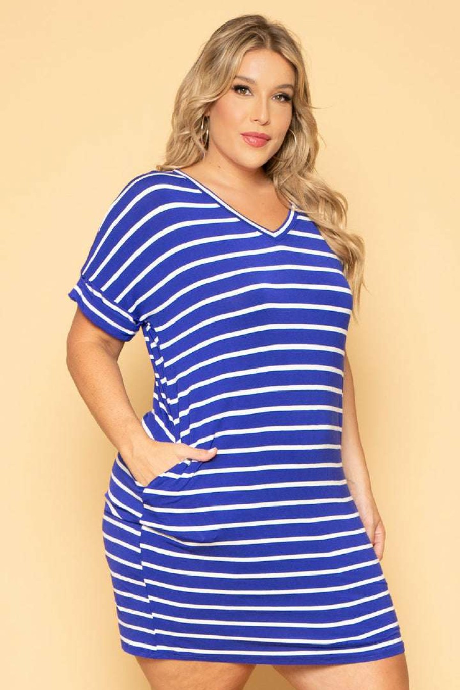 Dresses * | Zenana New Arrivals Plus Size Striped Basic T-Shirt Dress Royal Blue