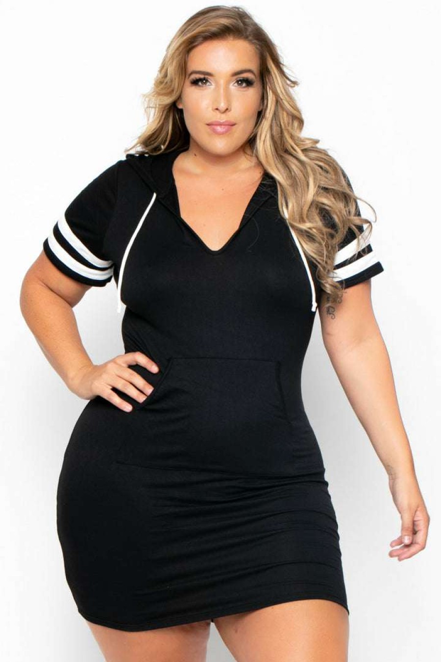 Dresses * | Curvy Sense Plus Size Varsity Stripe Hoodie Dress Back In Stock Black