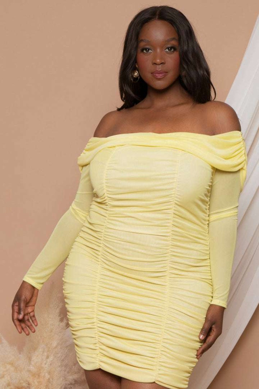 Dresses * | Curvy Sense Plus Size Adriana Ruched Bodycon Dress Yellow