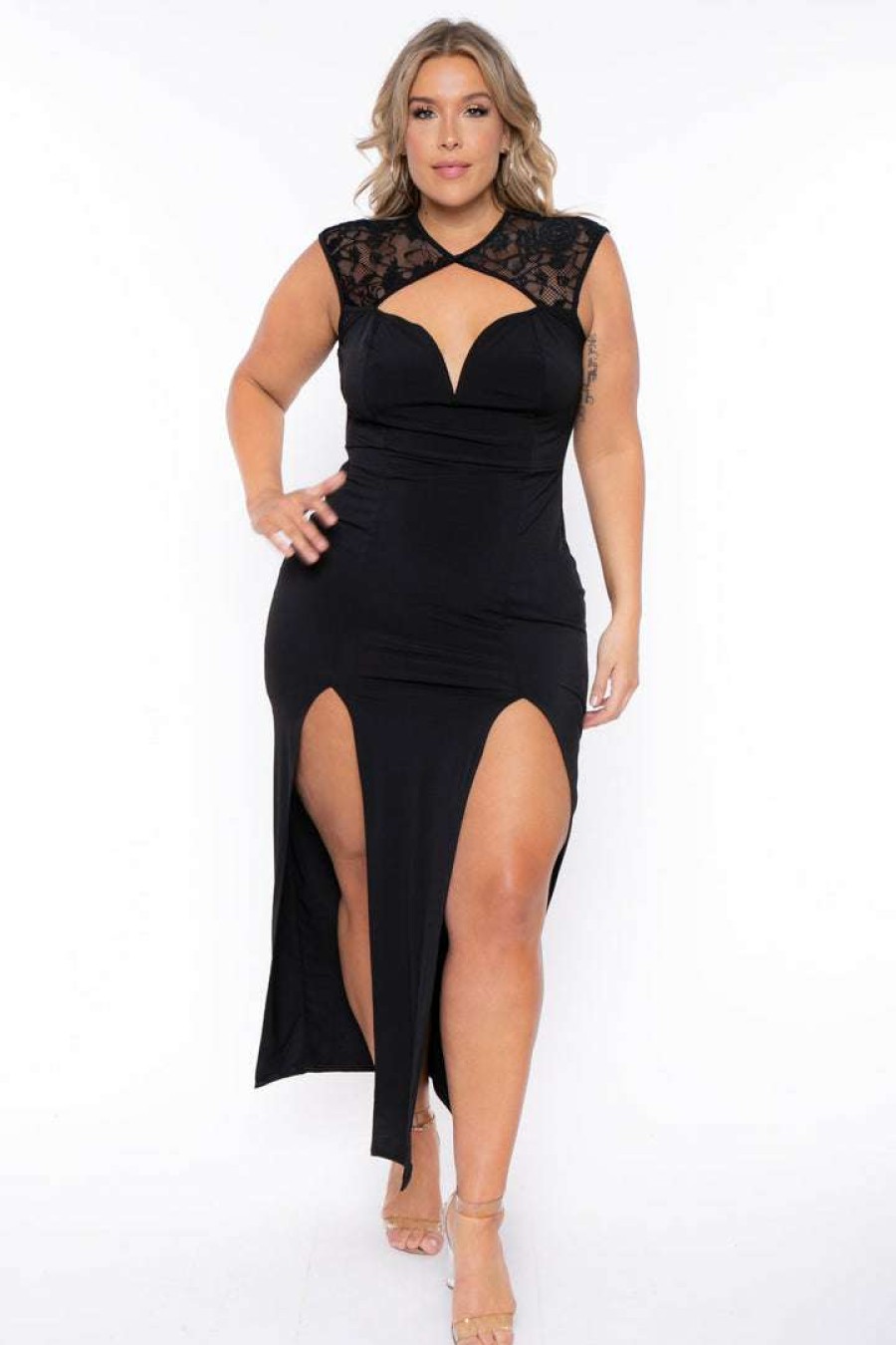 Dresses * | Curvy Sense New Arrivals Plus Size Etta Lace Maxi Dress Black