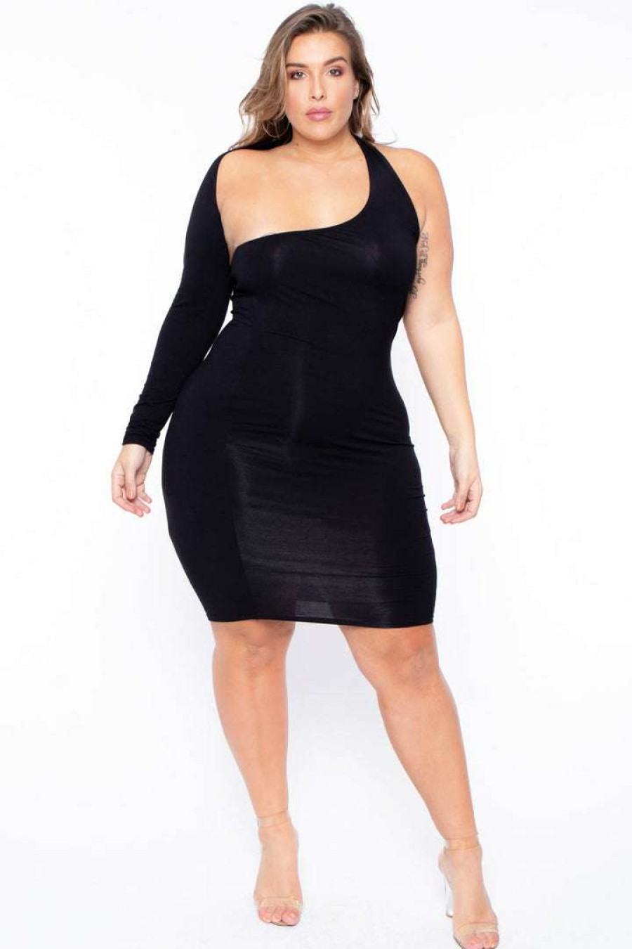 Dresses * | Curvy Sense Party Shop Plus Size One Sleeve Asymmetric Dress Black