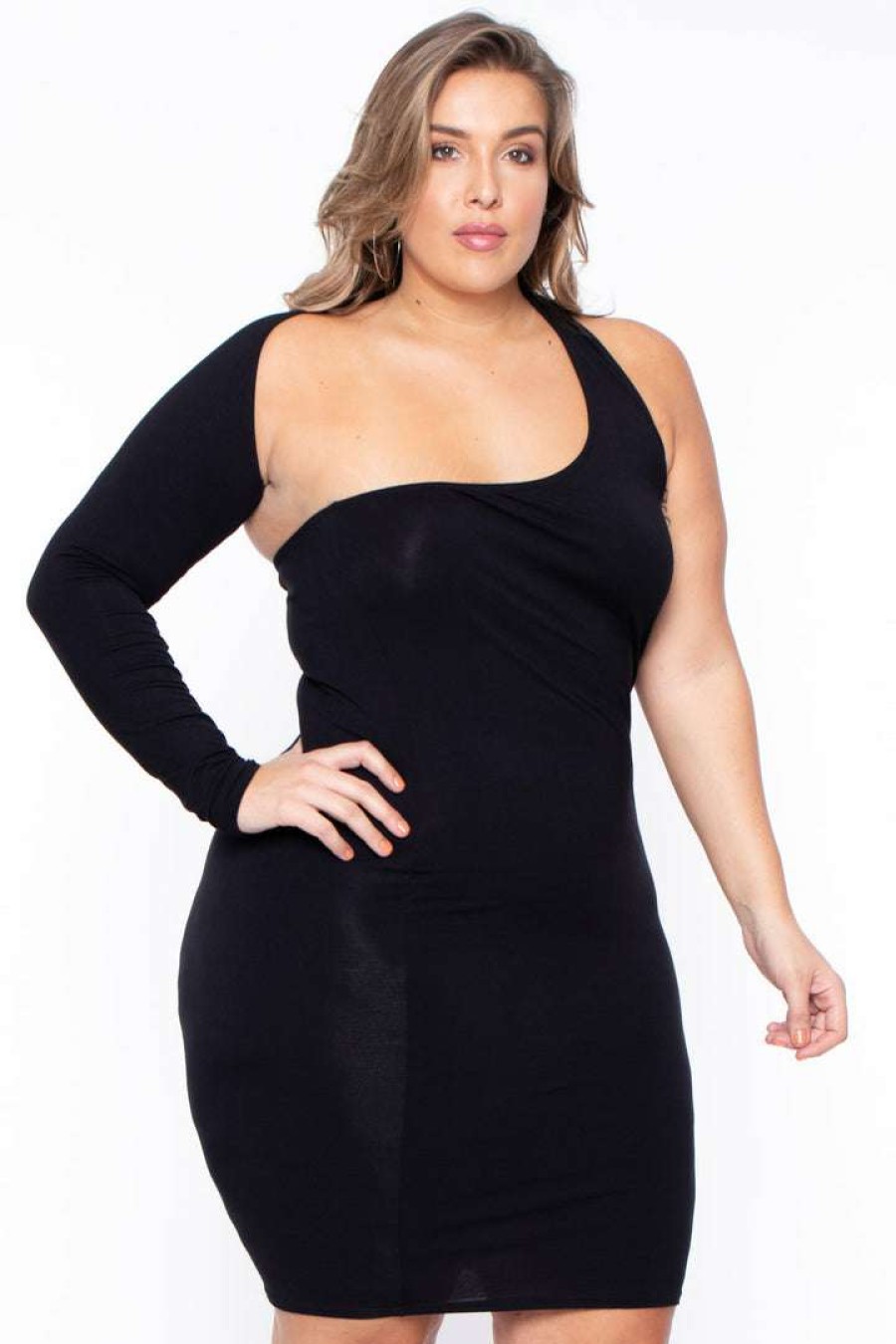 Dresses * | Curvy Sense Party Shop Plus Size One Sleeve Asymmetric Dress Black