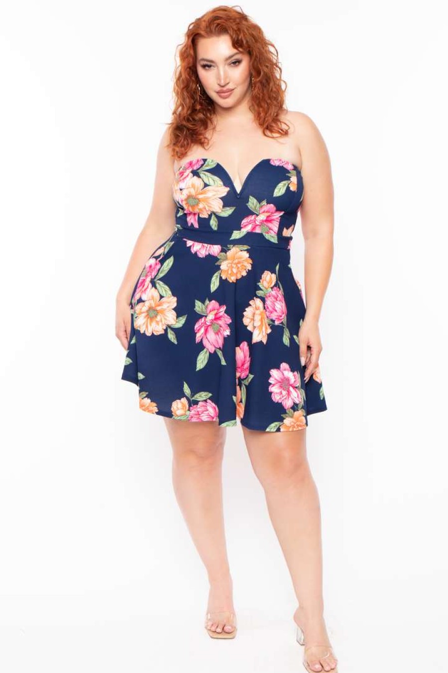 Dresses * | Curvy Sense Plus Size Amaryllis Floral Flare Dress Navy