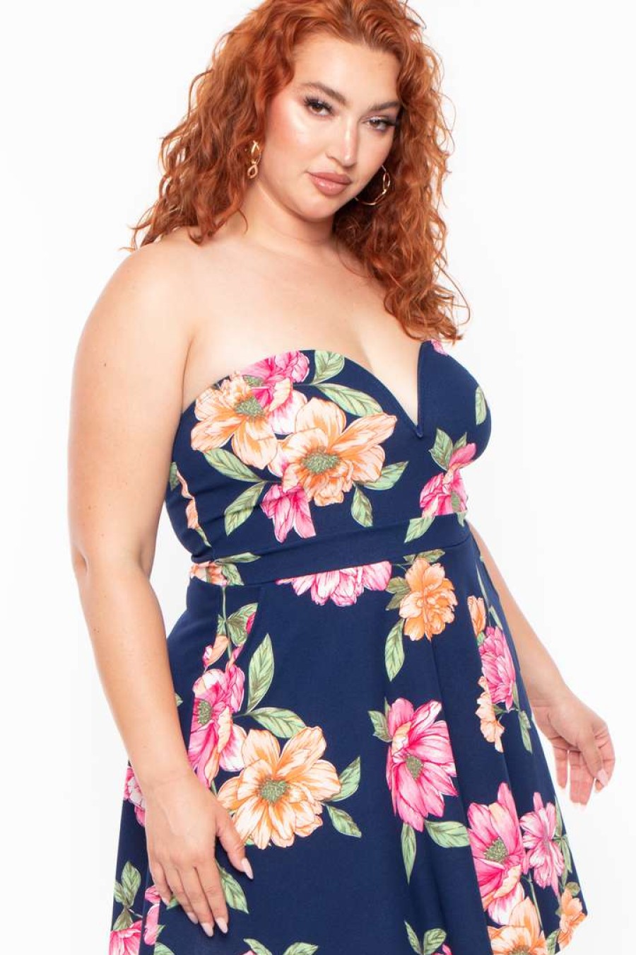 Dresses * | Curvy Sense Plus Size Amaryllis Floral Flare Dress Navy