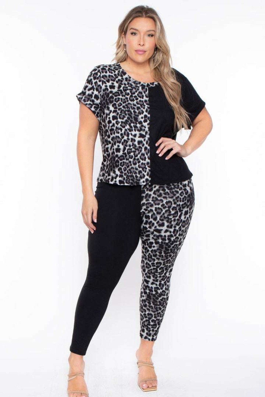 Sets * | Curvy Sense Plus Size Kady Leopard Matching Set Sets Gray