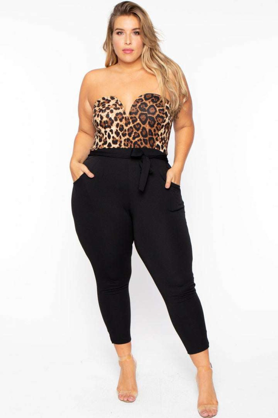 Jumpsuits * | Curvy Sense Plus Size Nova Leopard Top Jumpsuit Black