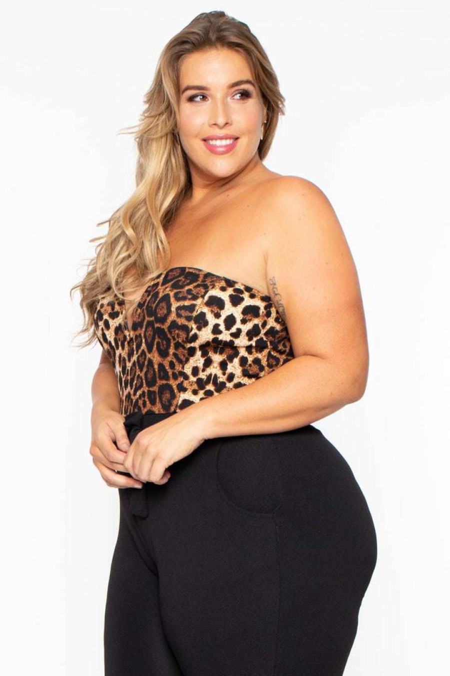 Jumpsuits * | Curvy Sense Plus Size Nova Leopard Top Jumpsuit Black